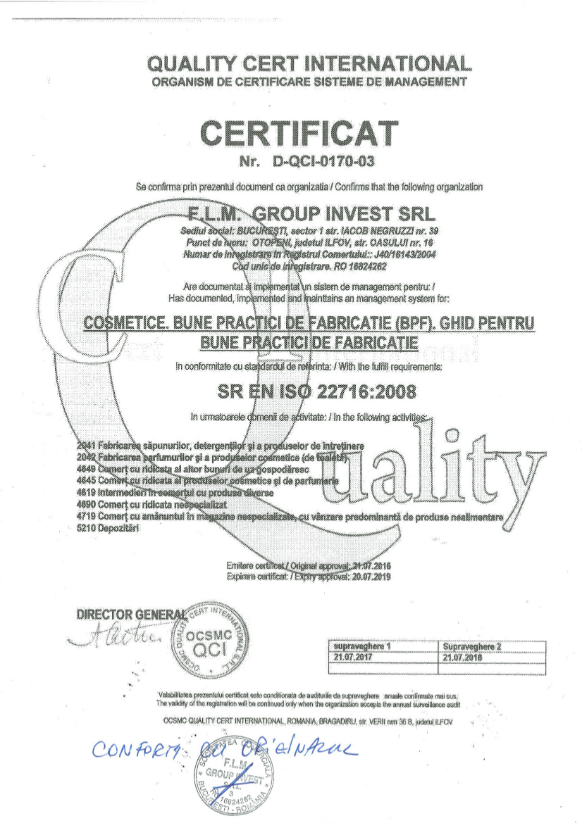 Certificat ISO 22716